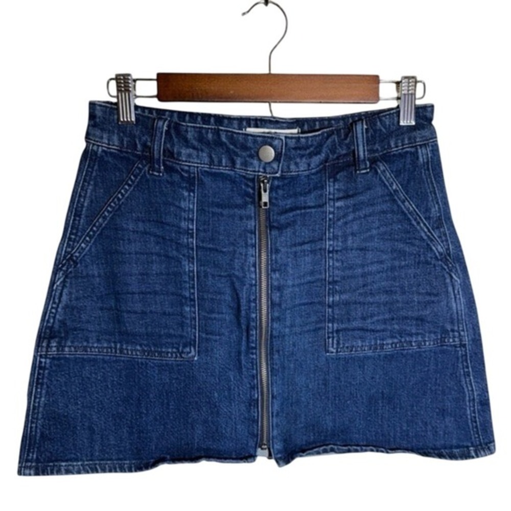 Madewell Denim Front Zip Mini Skirt Dark Wash Square Patch Pockets Size 27